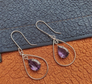 Amethyst Sterling Silver Teardrop <b>Earrings</b>, Pear Cut Amethyst Dangle <b>Earrings</b>, 925 Silver Gemstone <b>Earrings</b>, February Birthstone - Product Image 3