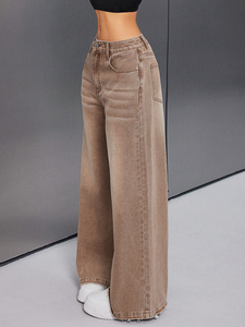 Pantalon en jean taille haute à jambe large, marron délavé, coupe ample, longueur intégrale, en coton, style décontracté, fermeture boutonnée, bords effilochés - Product Image 4