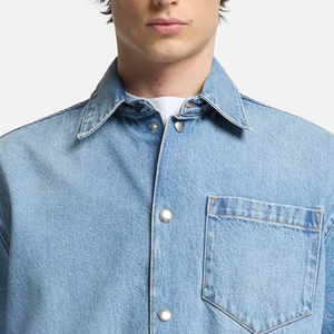 OEM Service Minimal Style Denim T Shirt With Turn <b>Down</b> Collar And Short Sleeves Clean Look Trendy Outdoor Wear With Front Pocket - Product Image 2
