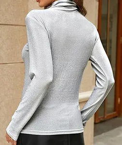 T-shirt décontracté à col roulé pour femme, en coton et élasthanne, tricoté, respirant, séchage rapide, anti-plis, coupe classique - Product Image 1