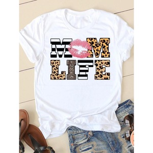 T-shirt blanc à manches courtes et col rond pour femme avec imprimé mère et bébé, décontracté, toutes saisons, tissu jersey 100% coton - Product Image 5