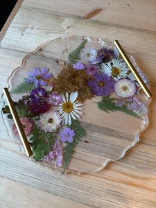 Clear Resin Scalloped Tray with Real <b>Pressed</b> <b>Flowers</b> Handmade Floral Resin Serving Tray with Gold Handles - Product Image 5