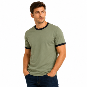 T-shirt Ringer Vert Olive pour Homme, Manches Courtes, Col Rond, Coupe Classique, Couleur Unie, 100% Coton Jersey Tricoté Épais - Product Image 2