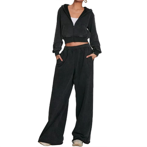 Ensemble de survêtement noir à capuche pour femme, sweat-shirt à fermeture éclair à manches longues et pantalon avec poches latérales, coupe ample, design uni, décontracté, automne - Product Image 1