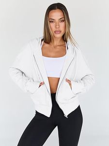 Sweat à capuche zippé blanc d'hiver pour femme avec strass, motif uni, logo frontal, poches, coupe ample, style streetwear décontracté - Product Image 3