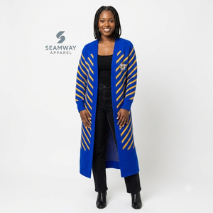 Sigma Gamma Rho Women's Longline Open Front <b>Cardigan</b> Blue Gold Striped Ribbed Cuffs Embroidered Duster <b>Sweater</b> With Side Slits - Product Image 6