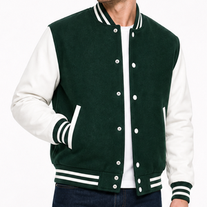 Chaqueta Varsity Clásica para Hombre en Verde Bosque y Blanco, Chaqueta con Logotipo Personalizado, Proveedor OEM - Ropa Urbana Premium - Product Image 1