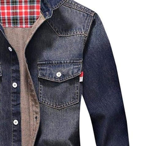 Camisa de mezclilla para hombre, manga larga, color liso, cuello vuelto, ajuste casual regular, algodón lavado a la piedra, bolsillos con pespuntes. - Product Image 5
