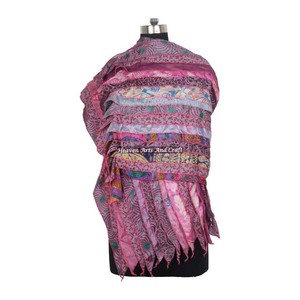 Chal de Sari de Poliéster-Seda Reciclado Hecho a Mano por Diseñador, 15 Tiras, Patrón Geométrico Vintage, Bufanda Larga para Mujer, Venta al por Mayor, Poliéster-Seda Fino - Product Image 4