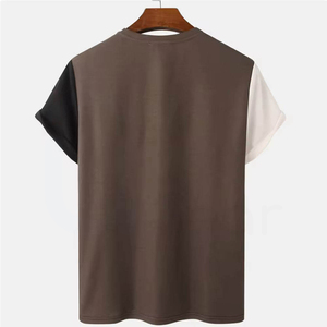 เสื้อยืดผู้ชายแขนสั้นคอกลมทรงโอเวอร์ไซส์สไตล์ลำลองลายเรขาคณิตสีตัดต่อ - Product Image 2