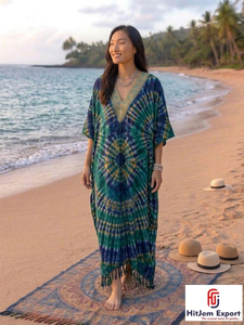 Vestido Kaftan Estampado para Mujer, Ropa de Playa de Verano, Corte Holgado, Tela Suave, Estilo Moderno, Fabricación Personalizada al por Mayor, Suministro para Exportación - Product Image 4