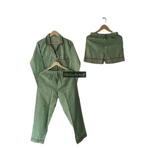 Wholesale Unisex Breathable <b>Summer</b> <b>Pyjama</b> Set Green Stripe Cotton Knitted Shirt 3-Piece Trouser Romantic Luxury Sleepwear Autumn - Product Image 1