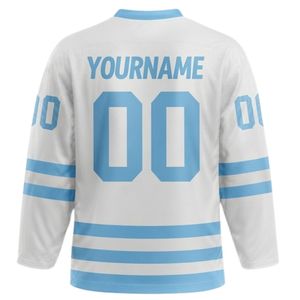 Men White Blue Sublimated <b>Ice</b> Hockey V Neck Striped Jersey Polyester Sports Shirt Team Wear Performance Match Apparel - Product Image 2
