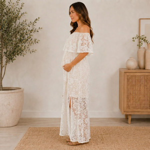 Robe longue de maternité bohème à épaules dénudées, en dentelle florale, sans manches, coupe trapèze, ample, couleur naturelle, pour l'été - Product Image 2