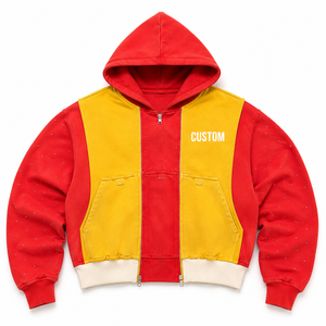 Trendy Custom Red Yellow Colorblock Heavyweight Rhinestone Studded Sleeve Zip Up Hoodie Custom Logo ODM Private Label Factory - Product Image 2