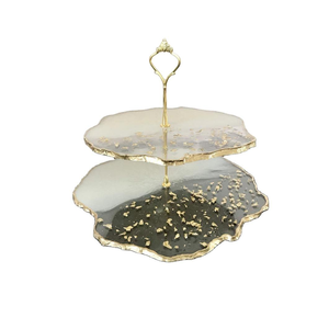 New Arrival Double Tier Resin <b>Cake</b> Stand With White & Slaty Epoxy Gold Crafts With Metal Rod Decorative Party Dessert <b>Server</b> - Product Image 1