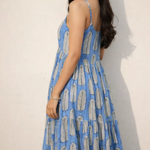 Women Blue V-neck Printed A-Line Maxi Dress Sleeveless <b>Spaghetti</b> <b>Strap</b> Casual Summer Eco-Friendly Lightweight Flowy Beach OEM - Product Image 1