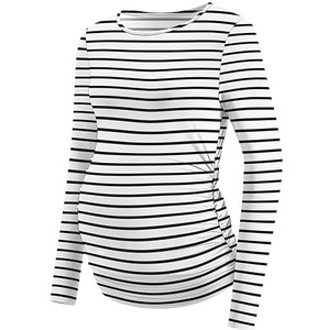T-shirt de maternité rayé à col rond, coupe ajustée, en coton, pour l'extérieur, service OEM, haut de grossesse et d'allaitement à manches longues - Product Image 5