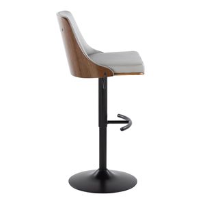 Sgabello da Bar Gianna Stile Mid-Century Moderno, Regolabile e Girevole, in Metallo Nero e Legno di Noce, Seduta Arrotondata in Ecopelle Grigio Chiaro - Product Image 3