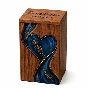 Handmade American Style Wooden Urn with Blue Resin Heart Design Eco-Friendly <b>Memorial</b> Keepsake <b>Box</b> for Adult and Pet Ashes - Product Image 1