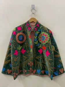 Hand Embroidered Knitted Woven <b>Velvet</b> Blouson <b>Jacket</b> with Traditional Suzani Floral Design Unisex Bohemian Style - Product Image 1