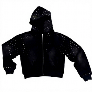 Sweat-shirt à capuche zippé noir pour homme avec motif à pois blancs, coupe ample, décontracté, en coton tricoté respirant, style court, pour l'automne - Product Image 1