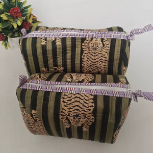 Tiger Green Stripe Block Printed Durable Cotton Zipper <b>Makeup</b> <b>Case</b> Indian Pouches Travel Cosmetic Practical - Product Image 1