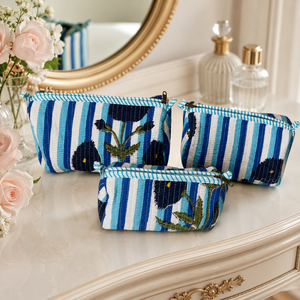Ensemble de trousses de maquillage à rayures bleues faites à la main, 3 pièces, trousses de toilette en coton matelassé pour femmes, organiseur de beauté de voyage, ensemble cadeau - Product Image 1