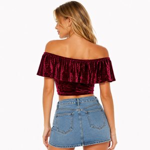 Chemisier court en velours bordeaux personnalisé, à épaules dénudées, avec volants, pour femme, style boutique, tenue de soirée, mode contemporaine - Product Image 2