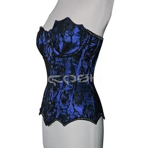 Corsé de satén azul de alta calidad para mujer, con copas redondeadas y encaje floral negro superpuesto. - Product Image 3