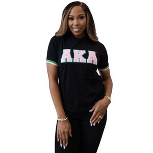 T-shirt en chenille verte AKA pour femme, broderie de lettres grecques, col rond décontracté, qualité supérieure, coupe confortable - Product Image 1