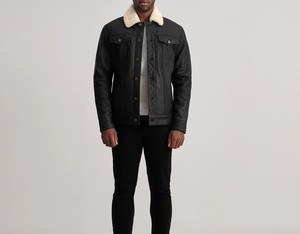 Men's Black Genuine Leather Moto Jacket Turn-down Collar Button Closure Slim Fit Faux <b>Fur</b> Lining Winter Style - Product Image 1