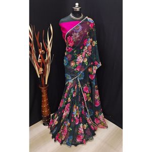 CRÉATEUR GEORGETTE IMPRESSION NUMÉRIQUE SAREE AVEC BLOUSE NON COUCHÉE - Product Image 1