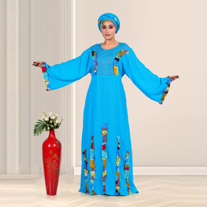 Kaftan en rayonne avec encolure brodée et manches évasées à appliques texturées, couleur unie, longueur ras du sol, tenue modeste pour la prière de l'Aïd et du Ramadan - Product Image 3