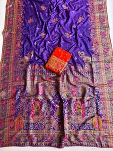 Sari de Seda Pura Rajwadi Pashmina con Borde de Zari Pesado Tejido con Hilo, Tradicional para Mujer, de Secado Rápido y Sin Arrugas - Product Image 6