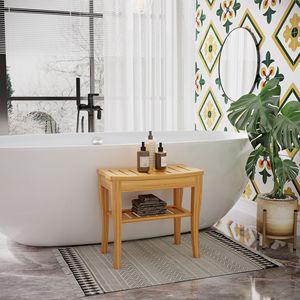 Panca da doccia moderna in bambù a 2 livelli, sgabello in legno per spa, organizer per bagno, camera da letto, giardino, cucina - Product Image 2