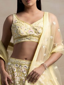 2026 Traditional Luxury Yellow Floral Embroidered Floor-Length Lehenga Choli Set Net Dupatta for Winter/Spring <b>Bridal</b> Wedding - Product Image 1