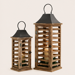 Ensemble de 2 lanternes en bois de style farmhouse moderne, lanternes rustiques en bois de sapin vieilli, porte-bougies décoratifs avec dessus en métal - Product Image 4