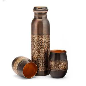 Bouteille d'eau en cuivre pur 1 litre, design luxueux réutilisable avec symboles Chakra, boîte cadeau incluse - Product Image 4