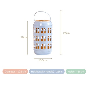 Charming Light Blue Metal <b>Lantern</b> With House Style Window Cutouts Features A Gold Interior And Handle For Cozy Holiday Lighting - Product Image 3