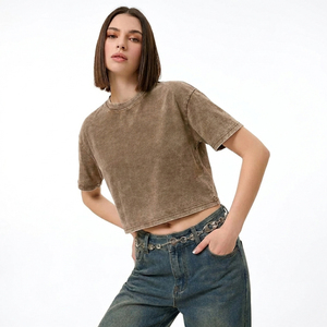 เสื้อครอปท็อปสีน้ำตาลสไตล์วินเทจสำหรับผู้หญิง ทรงบ็อกซี่ ล้างสีแบบมิเนอรัล ขายส่ง เสื้อยืดฤดูร้อน - Product Image 3