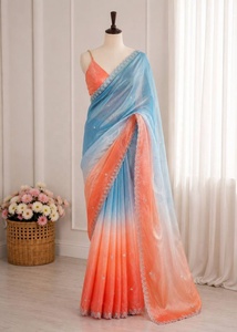 Gradient Orange Purple <b>Satin</b> <b>Saree</b> Embellished Traditional Dress With Unstitched Blouse for Wedding Party - Product Image 2