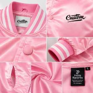 Chaqueta Varsity Rosa de Satén Personalizada para Hombre, Cuello Alto, Cierre de Pullover, Logotipo Bordado en la Parte Delantera, Estilo Bomber Informal para Invierno - Product Image 5
