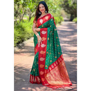 Sari de Seda Suave Verde Elite Weaves con Zari Tejido en Contraste, Elegantes Vestidos de Fiesta 0.6g - Product Image 3