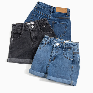 Shorts en jean délavé taille haute avec broderie pour filles, style décontracté, taille élastique, couleurs bleu et noir - Product Image 3