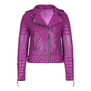 Chaqueta de Motociclista de Cuero Sintético Morado para Mujer, Estilo Acolchado, Cierre de Cremallera, Manga Larga, para Otoño - Product Image 1