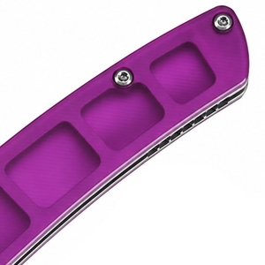 Cuchillos plegables con mango metálico morado y hoja plateada, con diseño de agarre empotrado y clip de bolsillo con perno para el pulgar, para uso diario en exteriores. - Product Image 3