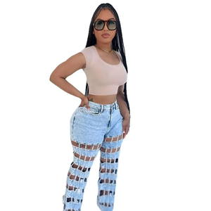 European and American Style Women's Ripped Jeans New Fashion Street Style Hollow Out High Waist Straight Pants - Product Image 1