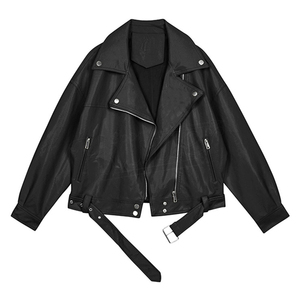 Veste moto en cuir véritable pour femme, col à capuche, manches longues, fermeture éclair, couleur unie, été, hiver, automne, taille standard - Product Image 2