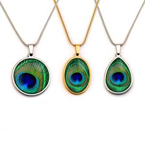 Collier Plumes de Paon Or Argent Pendentif Vert Bleu Vintage Fiançailles Certifié par un tiers Fait main Cadeau Mode Vente en gros - Product Image 6